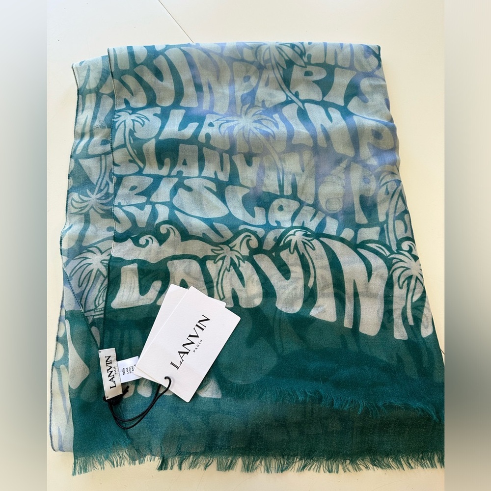 Lanvin Paris green Blue lightweight wool scarf NWT